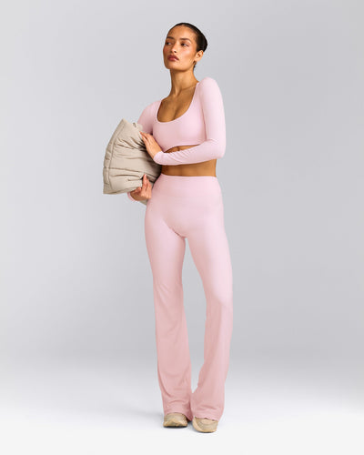 SoftMotion™ Flared Pants with Gray Logo | Soft Girl Pink