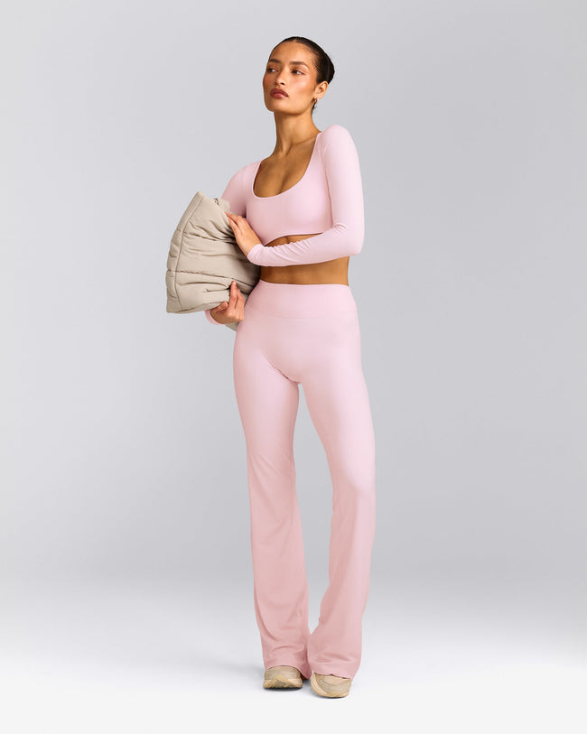 SoftMotion™ Flared Pants with Gray Logo | Soft Girl Pink