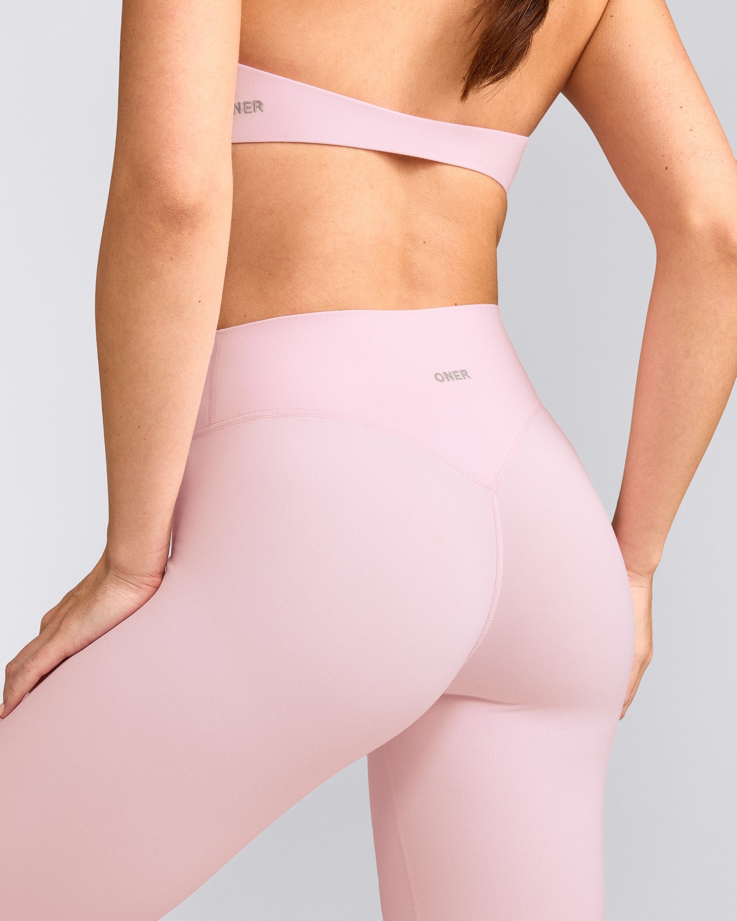 SoftMotion™ High Waisted Leggings with Gray Logo | Soft Girl Pink