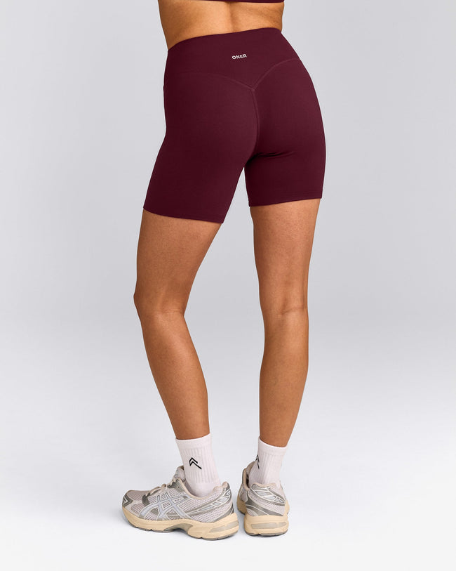 SoftMotion™ High Waisted Shorts 6" with Gray Logo | Cherry Lacquer Purple