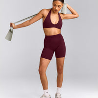 SoftMotion™ High Waisted Shorts 6" with Gray Logo | Cherry Lacquer Purple