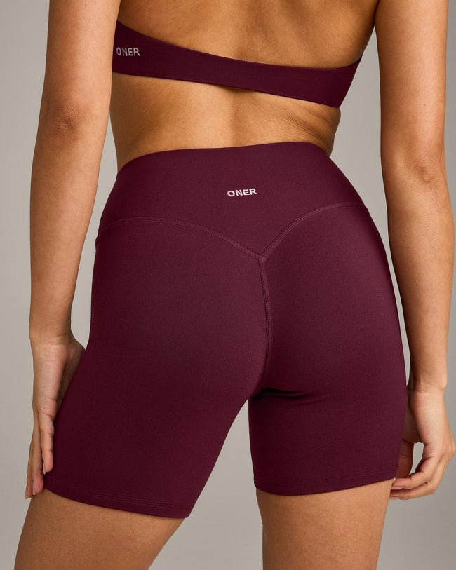 SoftMotion™ High Waisted Shorts 6" with Gray Logo | Cherry Lacquer Purple