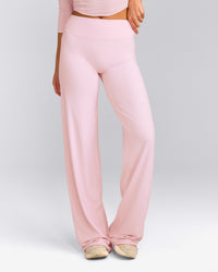 SoftMotion™ Straight Leg Pants with Gray Logo | Soft Girl Pink