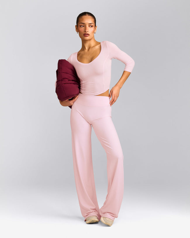 SoftMotion™ Straight Leg Pants with Gray Logo | Soft Girl Pink