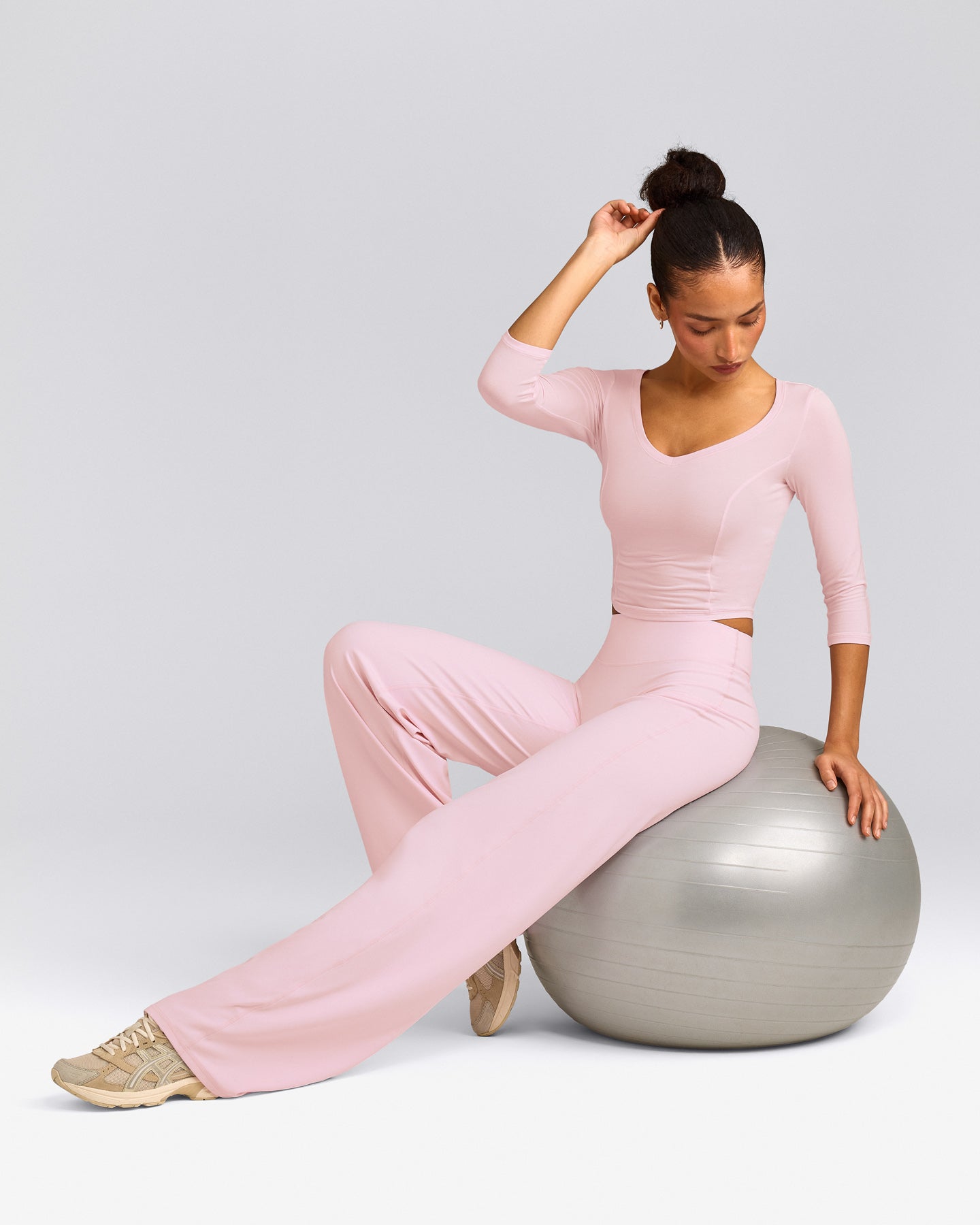 SoftMotion™ Straight Leg Pants with Gray Logo | Soft Girl Pink
