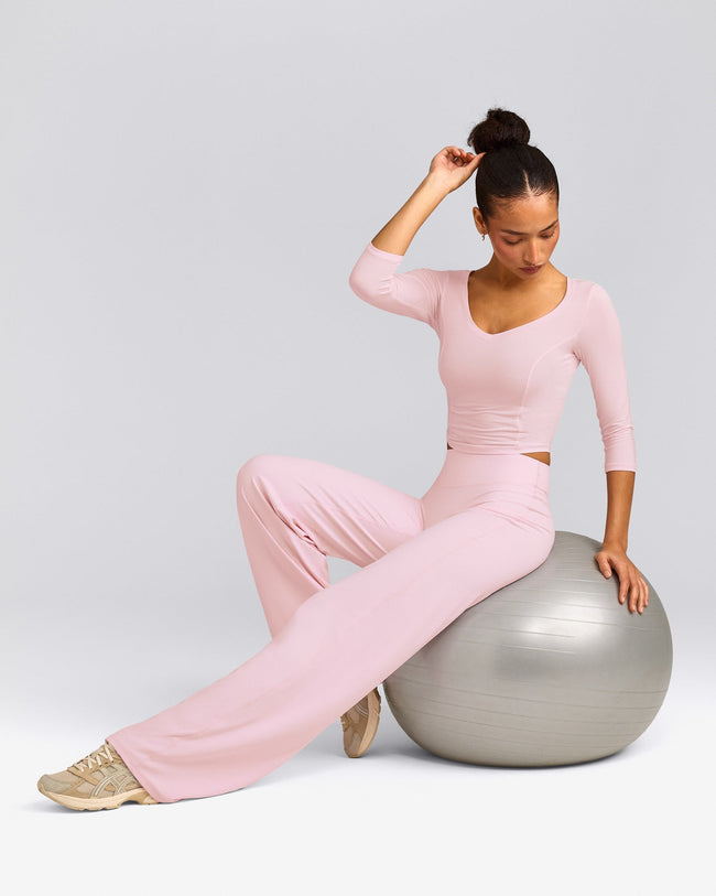 SoftMotion™ Straight Leg Pants with Gray Logo | Soft Girl Pink