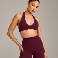 SoftMotion™ Minimal Halter Neck Bralette with Gray Logo | Cherry Lacquer Purple