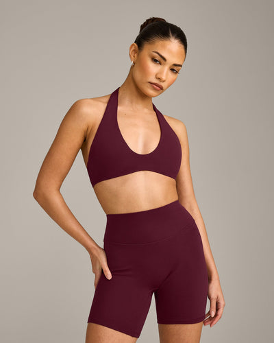 SoftMotion™ Minimal Halter Neck Bralette with Gray Logo | Cherry Lacquer Purple