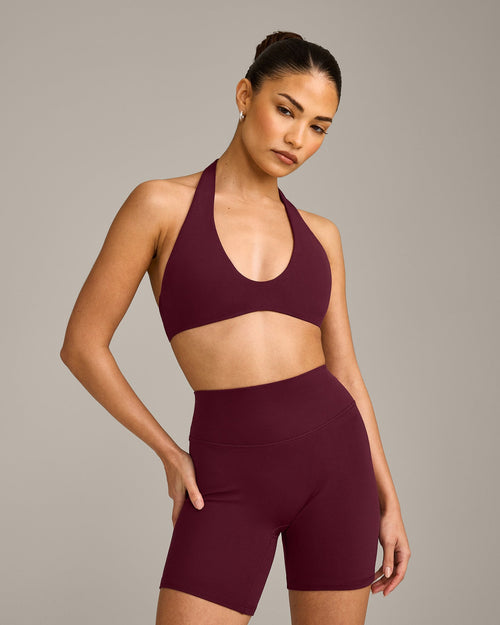 SoftMotion™ Minimal Halter Neck Bralette with Gray Logo | Cherry Lacquer Purple