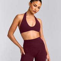 SoftMotion™ Minimal Halter Neck Bralette with Gray Logo | Cherry Lacquer Purple