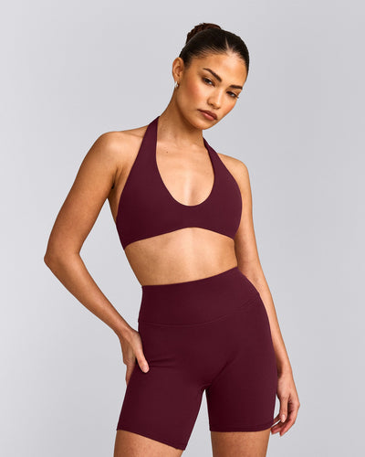 SoftMotion™ Minimal Halter Neck Bralette with Gray Logo | Cherry Lacquer Purple