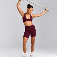 SoftMotion™ Minimal Halter Neck Bralette with Gray Logo | Cherry Lacquer Purple