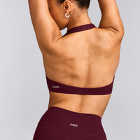 SoftMotion™ Minimal Halter Neck Bralette with Gray Logo | Cherry Lacquer Purple