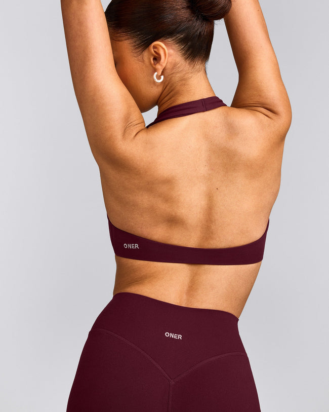 SoftMotion™ Minimal Halter Neck Bralette with Gray Logo | Cherry Lacquer Purple