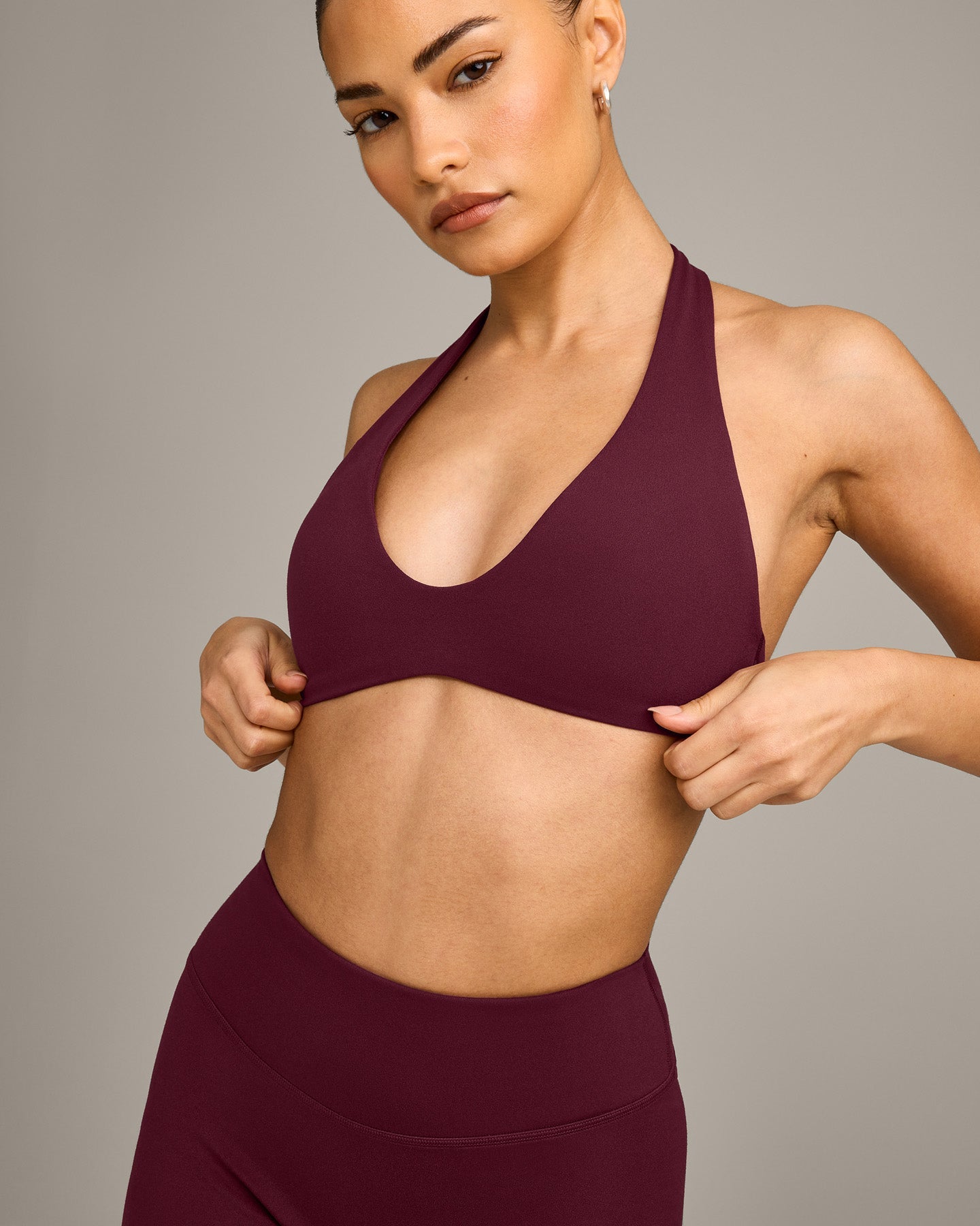 SoftMotion™ Minimal Halter Neck Bralette with Gray Logo | Cherry Lacquer Purple
