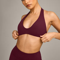 SoftMotion™ Minimal Halter Neck Bralette with Gray Logo | Cherry Lacquer Purple