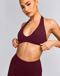 SoftMotion™ Minimal Halter Neck Bralette with Gray Logo | Cherry Lacquer Purple