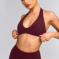 SoftMotion™ Minimal Halter Neck Bralette with Gray Logo | Cherry Lacquer Purple