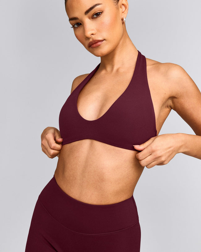 SoftMotion™ Minimal Halter Neck Bralette with Gray Logo | Cherry Lacquer Purple