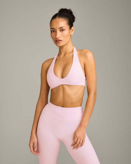SoftMotion™ Minimal Halter Neck Bralette with Gray Logo | Soft Girl Pink
