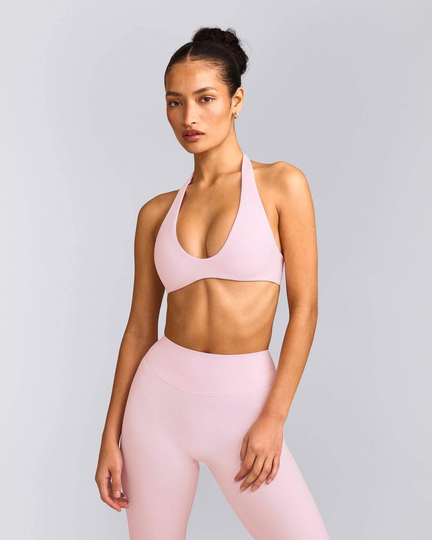 SoftMotion™ Minimal Halter Neck Bralette with Gray Logo | Soft Girl Pink