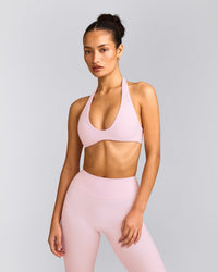 SoftMotion™ Minimal Halter Neck Bralette with Gray Logo | Soft Girl Pink