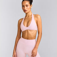 SoftMotion™ Minimal Halter Neck Bralette with Gray Logo | Soft Girl Pink