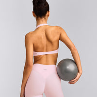 SoftMotion™ Minimal Halter Neck Bralette with Gray Logo | Soft Girl Pink