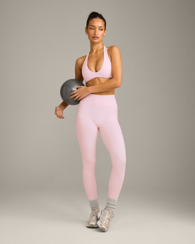 SoftMotion™ Minimal Halter Neck Bralette with Gray Logo | Soft Girl Pink