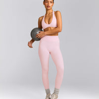 SoftMotion™ Minimal Halter Neck Bralette with Gray Logo | Soft Girl Pink