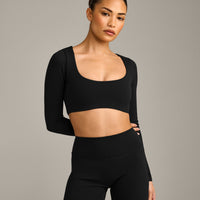 SoftMotion™ Scoop Neck Long Sleeve Crop Top with Built in Bra Shelf with Gray Logo | Black