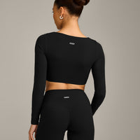 SoftMotion™ Scoop Neck Long Sleeve Crop Top with Built in Bra Shelf with Gray Logo | Black