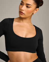 SoftMotion™ Scoop Neck Long Sleeve Crop Top with Built in Bra Shelf with Gray Logo | Black