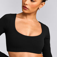 SoftMotion™ Scoop Neck Long Sleeve Crop Top with Built in Bra Shelf with Gray Logo | Black
