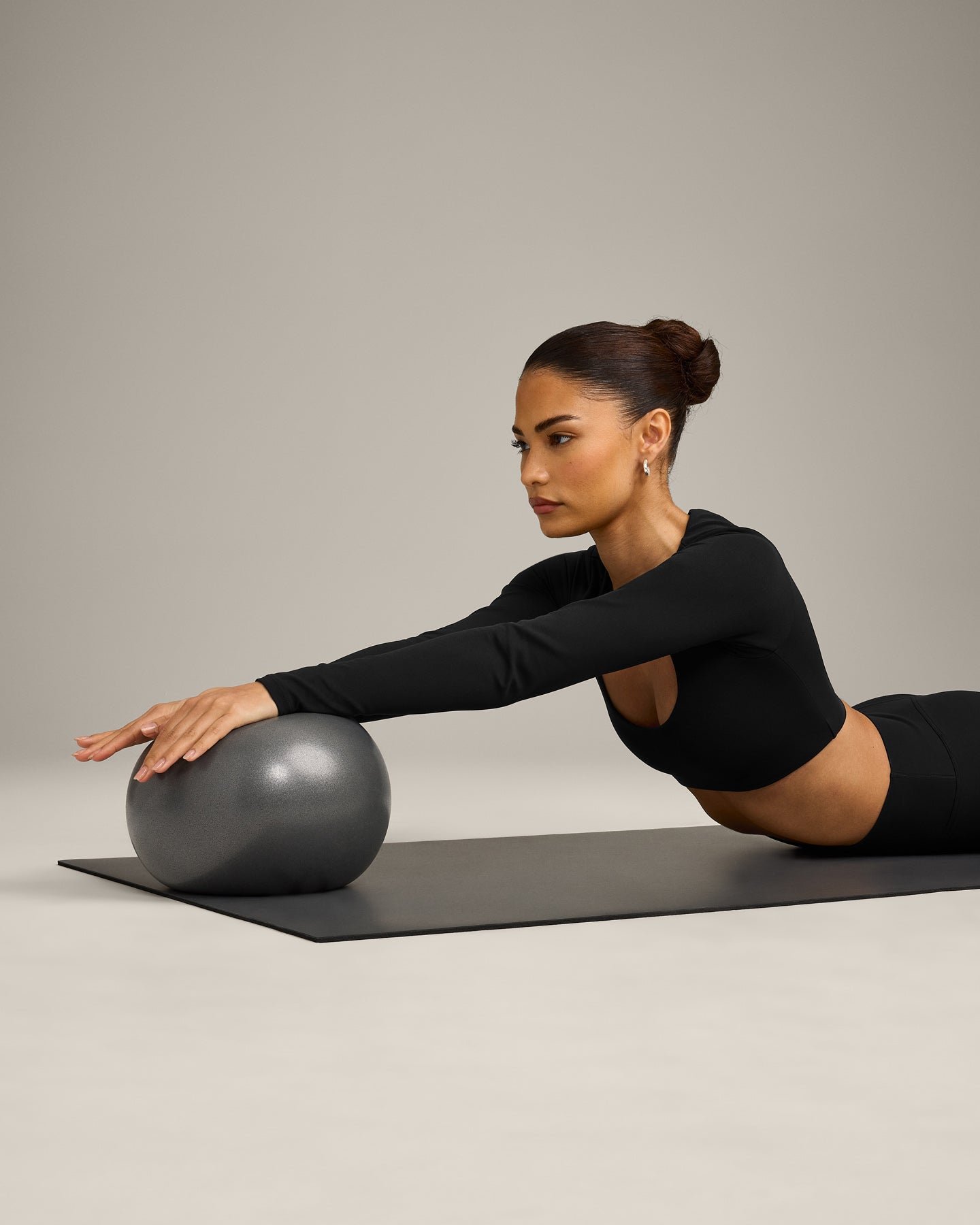 SoftMotion™ Scoop Neck Long Sleeve Crop Top with Built in Bra Shelf with Gray Logo | Black