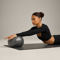 SoftMotion™ Scoop Neck Long Sleeve Crop Top with Built in Bra Shelf with Gray Logo | Black