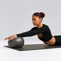 SoftMotion™ Scoop Neck Long Sleeve Crop Top with Built in Bra Shelf with Gray Logo | Black
