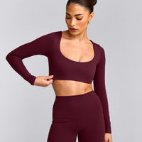 SoftMotion™ Scoop Neck Long Sleeve Crop Top with Built in Bra Shelf with Gray Logo | Cherry Lacquer Purple