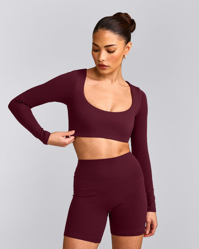 SoftMotion™ Scoop Neck Long Sleeve Crop Top with Built in Bra Shelf with Gray Logo | Cherry Lacquer Purple