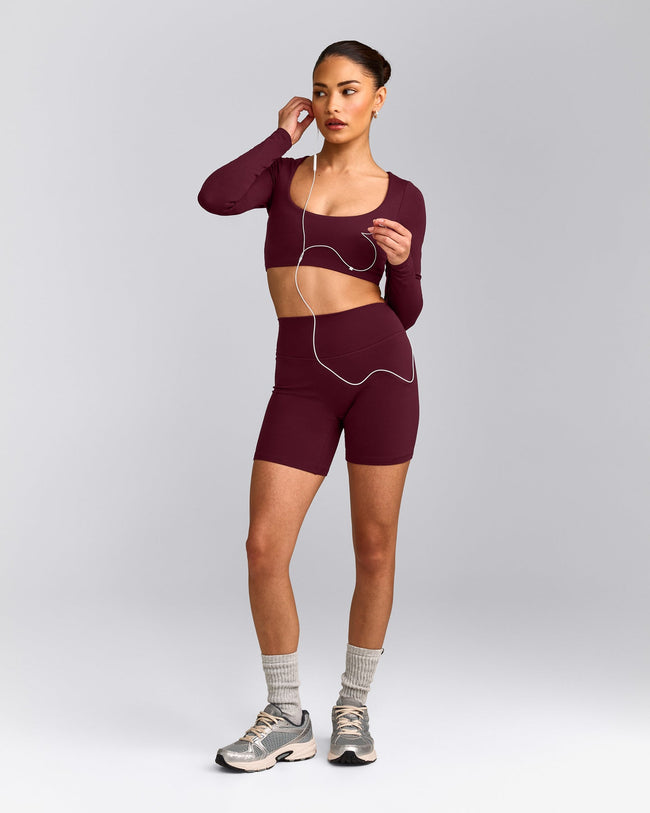 SoftMotion™ Scoop Neck Long Sleeve Crop Top with Built in Bra Shelf with Gray Logo | Cherry Lacquer Purple