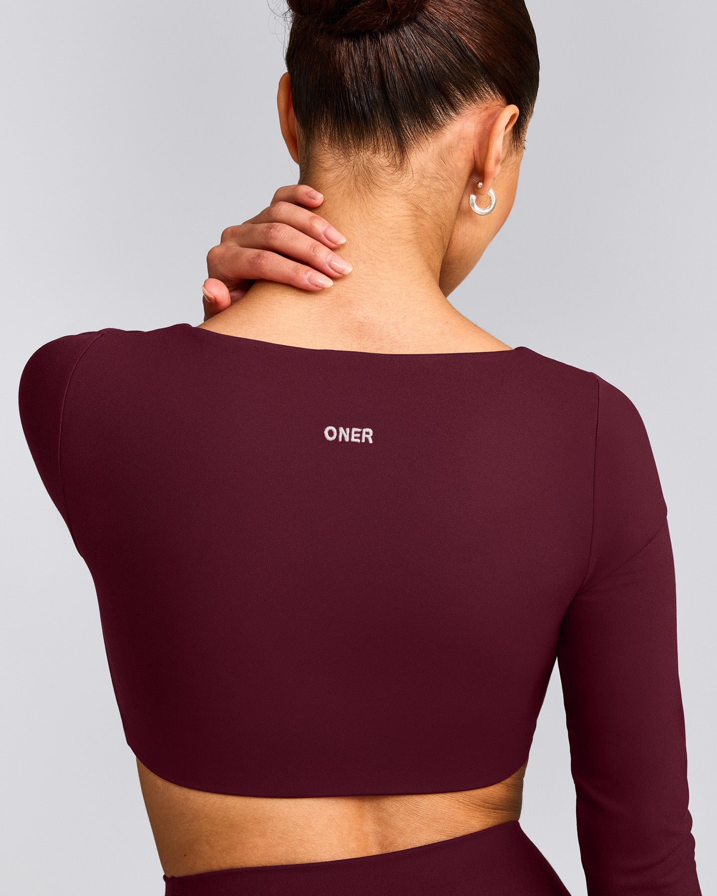 SoftMotion™ Scoop Neck Long Sleeve Crop Top with Built in Bra Shelf with Gray Logo | Cherry Lacquer Purple