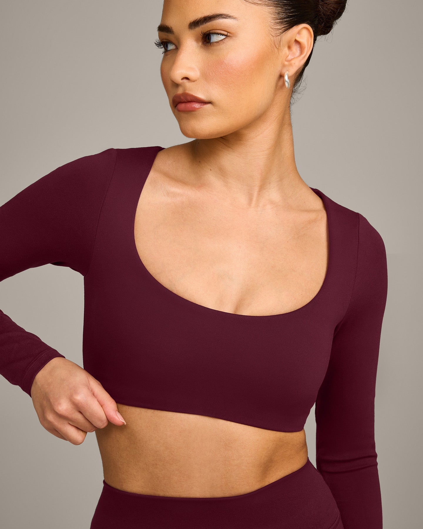 SoftMotion™ Scoop Neck Long Sleeve Crop Top with Built in Bra Shelf with Gray Logo | Cherry Lacquer Purple