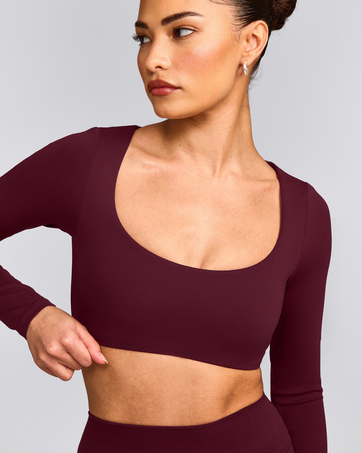 SoftMotion™ Scoop Neck Long Sleeve Crop Top with Built in Bra Shelf with Gray Logo | Cherry Lacquer Purple