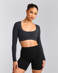 SoftMotion™ Scoop Neck Long Sleeve Crop Top with Built in Bra Shelf with Gray Logo | Coal