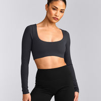 SoftMotion™ Scoop Neck Long Sleeve Crop Top with Built in Bra Shelf with Gray Logo | Coal
