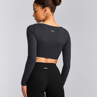 SoftMotion™ Scoop Neck Long Sleeve Crop Top with Built in Bra Shelf with Gray Logo | Coal