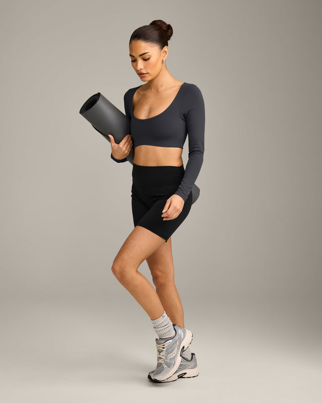 SoftMotion™ Scoop Neck Long Sleeve Crop Top with Built in Bra Shelf with Gray Logo | Coal