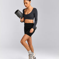 SoftMotion™ Scoop Neck Long Sleeve Crop Top with Built in Bra Shelf with Gray Logo | Coal
