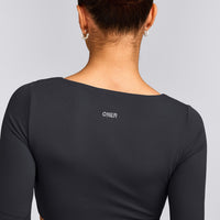 SoftMotion™ Scoop Neck Long Sleeve Crop Top with Built in Bra Shelf with Gray Logo | Coal