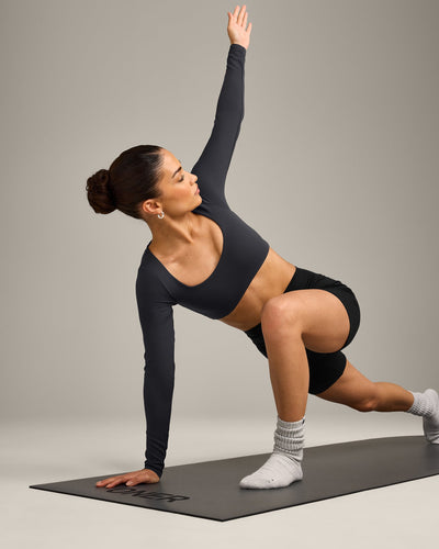 SoftMotion™ Scoop Neck Long Sleeve Crop Top with Built in Bra Shelf with Gray Logo | Coal